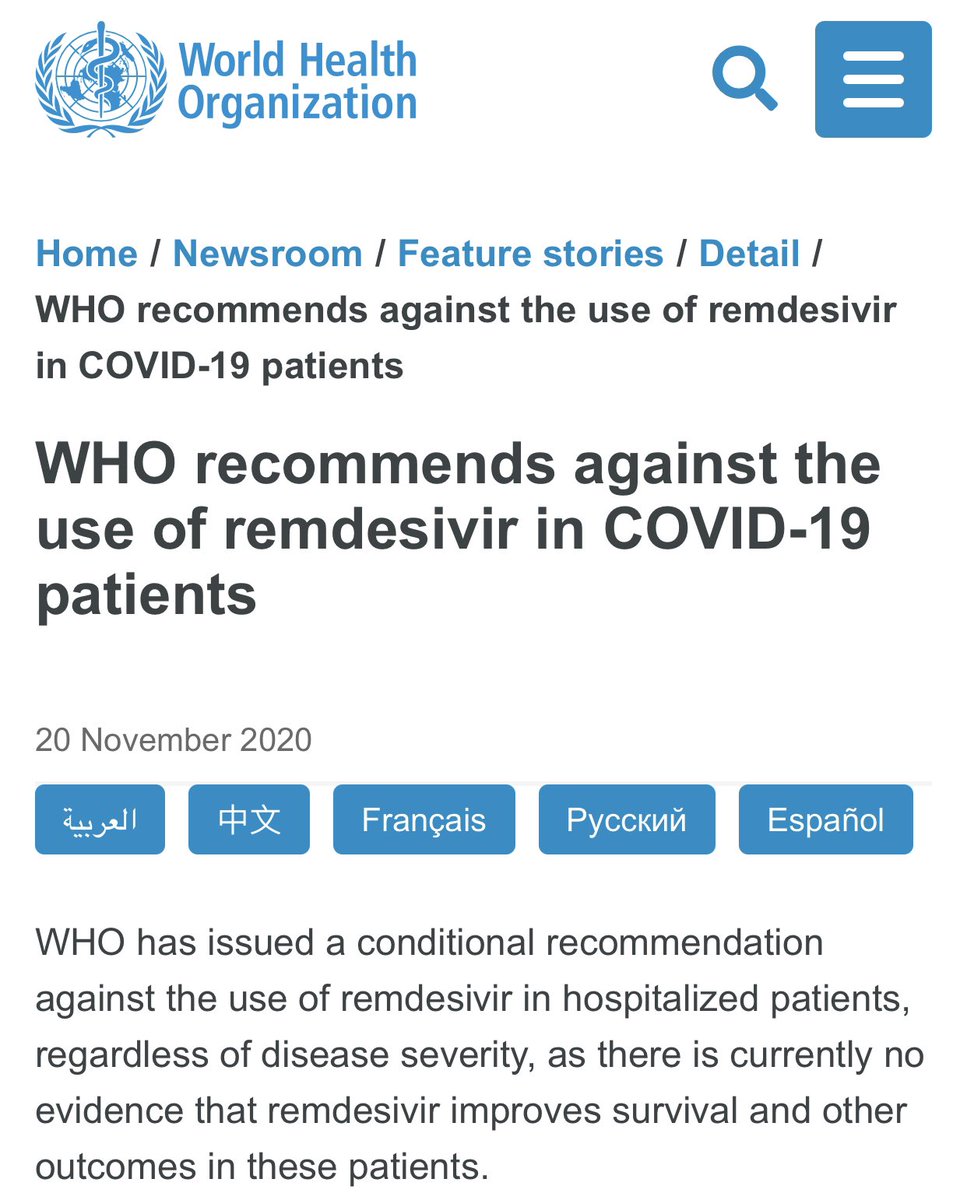 BREAKING—wow—WHO just recommended **against** the use of  @GileadSciences’s drug remdesivir in hospitalized  #COVID19 patients, citing “there is currently no evidence that remdesivir improves survival or reduces need for ventilation in these patients”.   https://www.who.int/news-room/feature-stories/detail/who-recommends-against-the-use-of-remdesivir-in-covid-19-patients