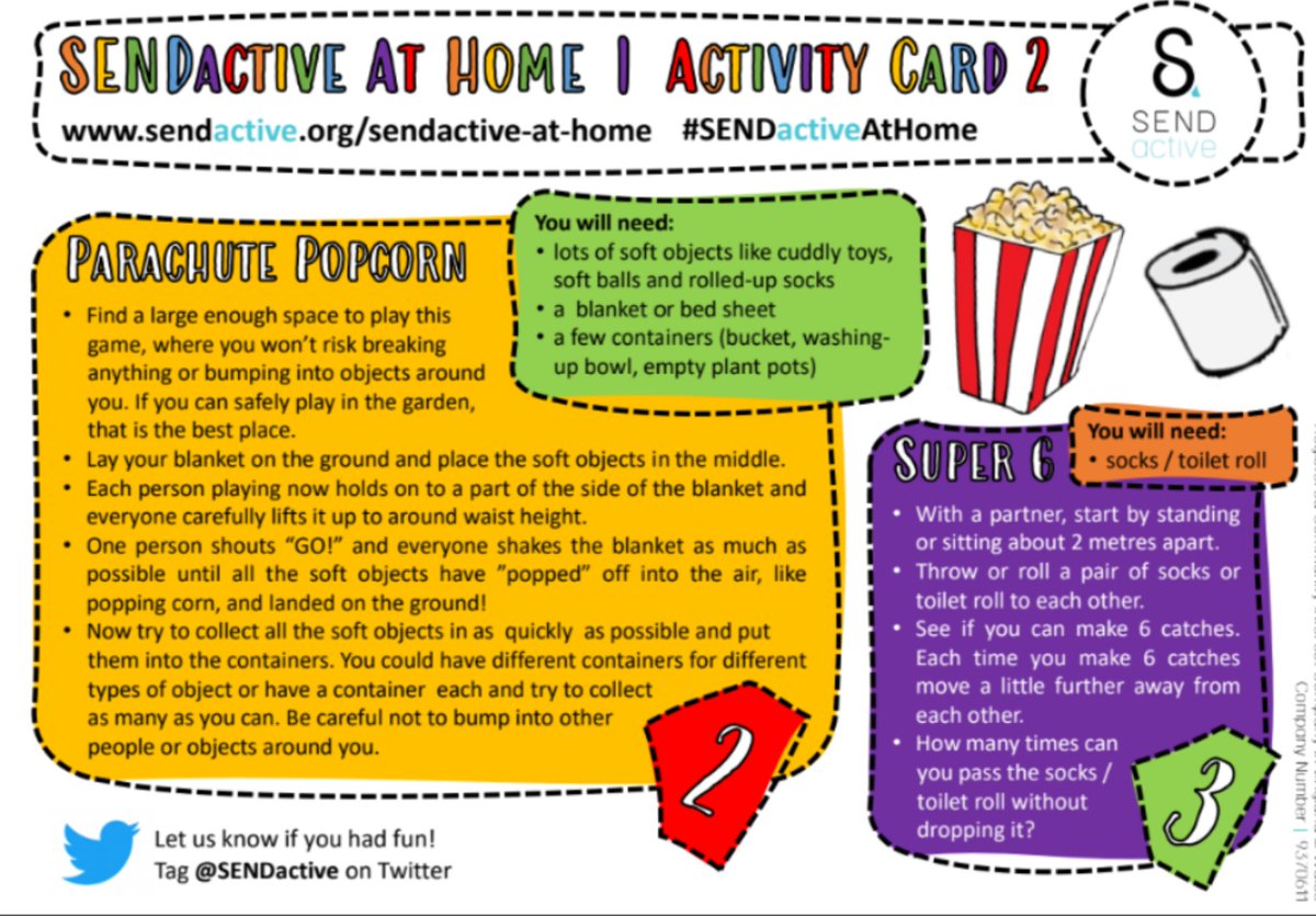 SENDactive's tweet photo. π Here's Activity Card 2 of the #SENDactiveAtHome series. Have a go at Table Kurling π₯, Parachute Popcorn πΏ & Super 6 𧦠at home! Let us know if you enjoy these activities by tagging @SENDactive #KeepCoventryMoving #inclusive #StayHome https://t.co/o9aUn4web2