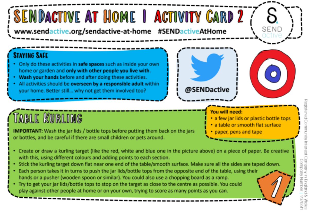 SENDactive's tweet photo. π Here's Activity Card 2 of the #SENDactiveAtHome series. Have a go at Table Kurling π₯, Parachute Popcorn πΏ & Super 6 𧦠at home! Let us know if you enjoy these activities by tagging @SENDactive #KeepCoventryMoving #inclusive #StayHome https://t.co/o9aUn4web2
