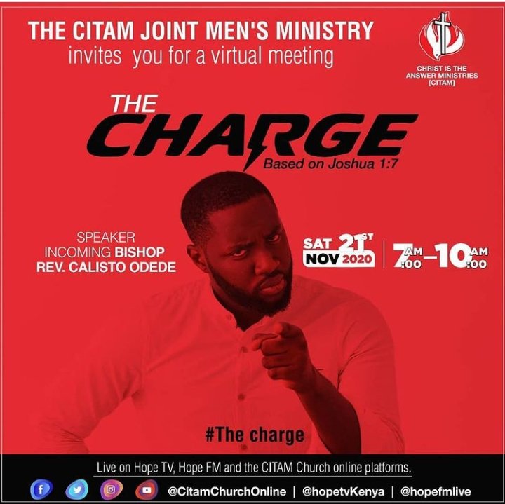 Citam_Woodley's tweet photo. This Saturday join the Joint CITAM Men's Meeting from 7:00am-10:00am.
The speaker will be our incoming Bishop Rev. @codede2
This meeting will be live on @HopeTvKenya @HopeFMLive @CITAMOnline 
#TheCharge https://t.co/SKVZuAqWsp