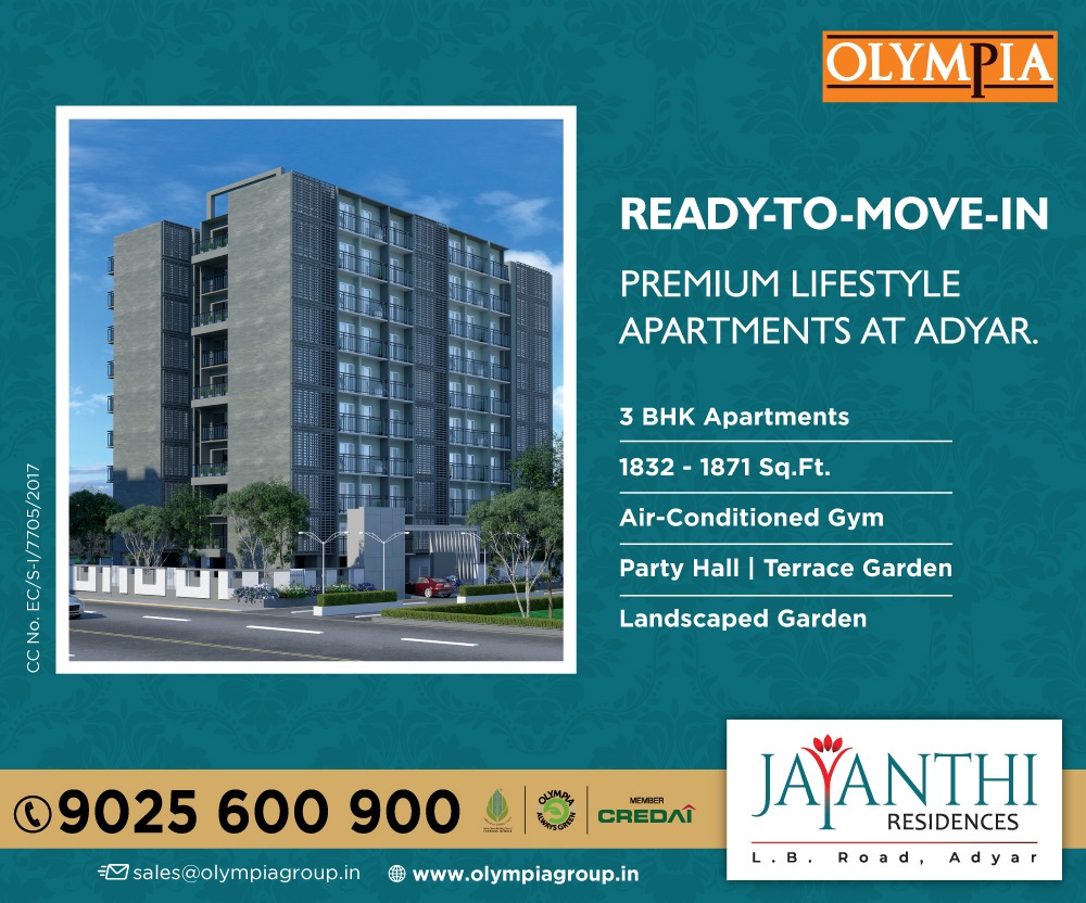 OlympiaGroup's tweet photo. READY-TO-MOVE-IN. PREMIUM LIFESTYLE APARTMENTS AT ADYAR.
✅ 3 BHK Apartments
✅ 1832 to 1871 Sq.Ft.
✅ Air-conditioned Gym
✅ Party Hall
✅ Terrace Garden
✅ Landscape Garden

For More Details Call - 9025600900 Visit: https://t.co/hROff1sBQM

#OlympiaGroup #JayanthiResidence https://t.co/LyDqLY4pq5