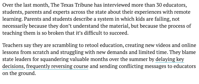 Teachers, often left out of the planning process till the last minute, had mere weeks to essentially learn entirely new jobs.Their stress trickles down to students and parents, overwhelmed with the deluge of assignments.  #txlege  #txed