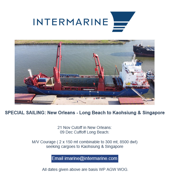 Intermarine_'s tweet photo. SPECIAL SAILING // M/V Courage: NOLA > Long Beach > Kaohsiung &amp; Singapore. 21 Nov cutoff NOLA, 09 Dec cutoff Long Beach. For more information email: imarine@intermarine.com #intermarine #shipintermarine #logistics #maritime #shipping #shippingindustry #oceantransportation https://t.co/0jB3Gjz5XK