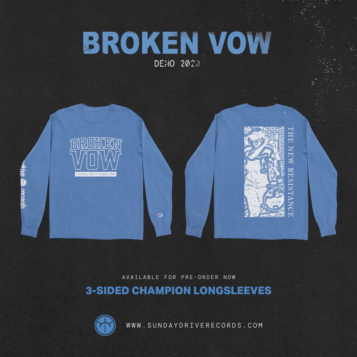 The second press of @brokenvowcthc’s “Demo 2020” is now available for pre-order on white 7” lathes w/ alternate blue art. New longsleeves are also up on “Royal Blue” Champion. Get yours below.

sundaydrive-records.com/products/68029…
