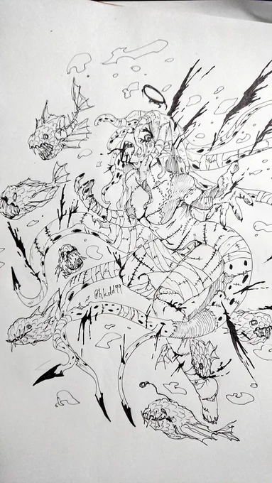 #人外版深夜の真剣お絵描き60分一本勝負
お題 アナタが考えるゾンビと水棲人外のハーフ 