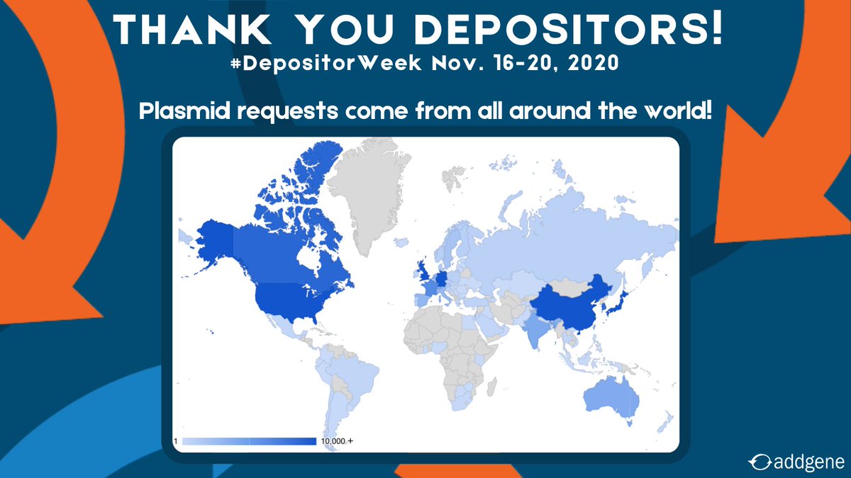 Addgene's tweet photo. Over the years, we’ve received plasmid requests from around the world! 102 countries and growing! 🌍 #DepositorWeek https://t.co/5eJiaN8QPi