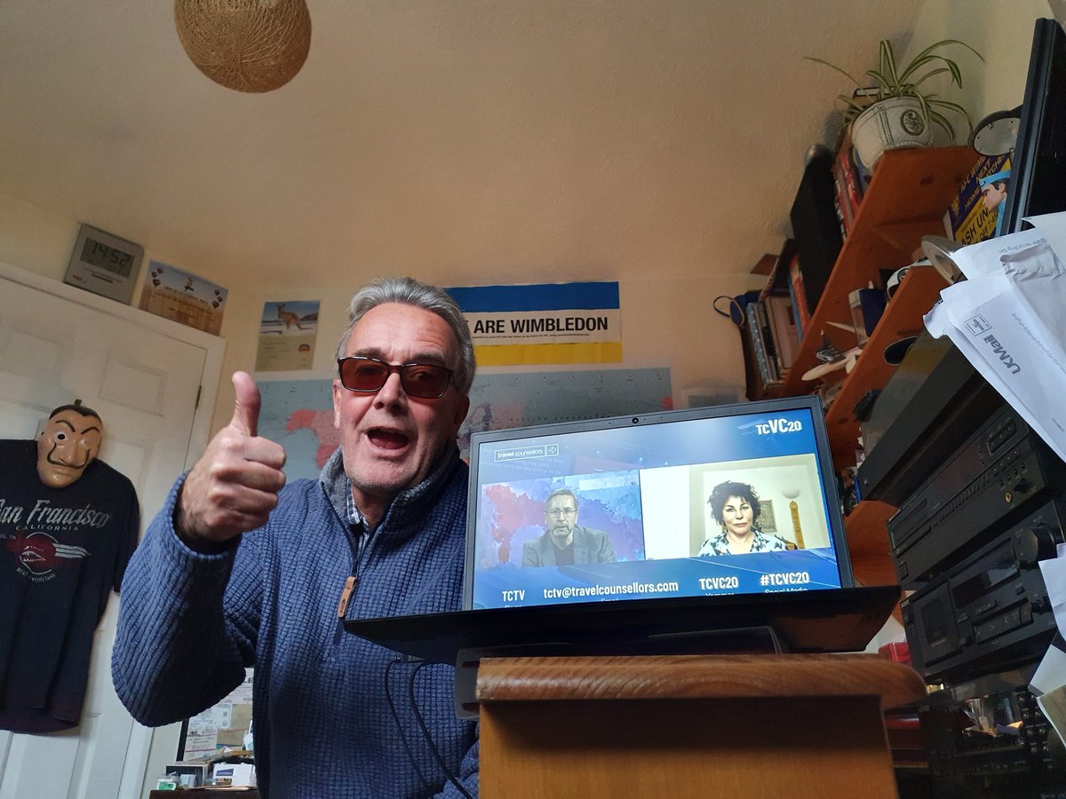 SteveFinch_TC's tweet photo. Our #TCVC20 virtual conference..Ruby Wax, a lovely lady. Remember...your travel future is so bright,  you've got to wear shades!  😎 #travelcounsellors #letmeunravelyourtravel https://t.co/cAR9RbWa91