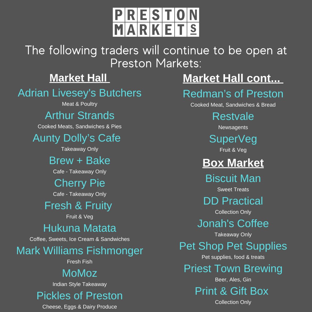#PrestonMarkets is OPEN Mon-Saturday 8am-4pm!
#ShopLocal and support our amazing independent businesses during these difficult times. 
Please stay safe while visiting us by keeping your distance, follow the guidelines in place and wearing a face covering. 
See you soon 👋👋
