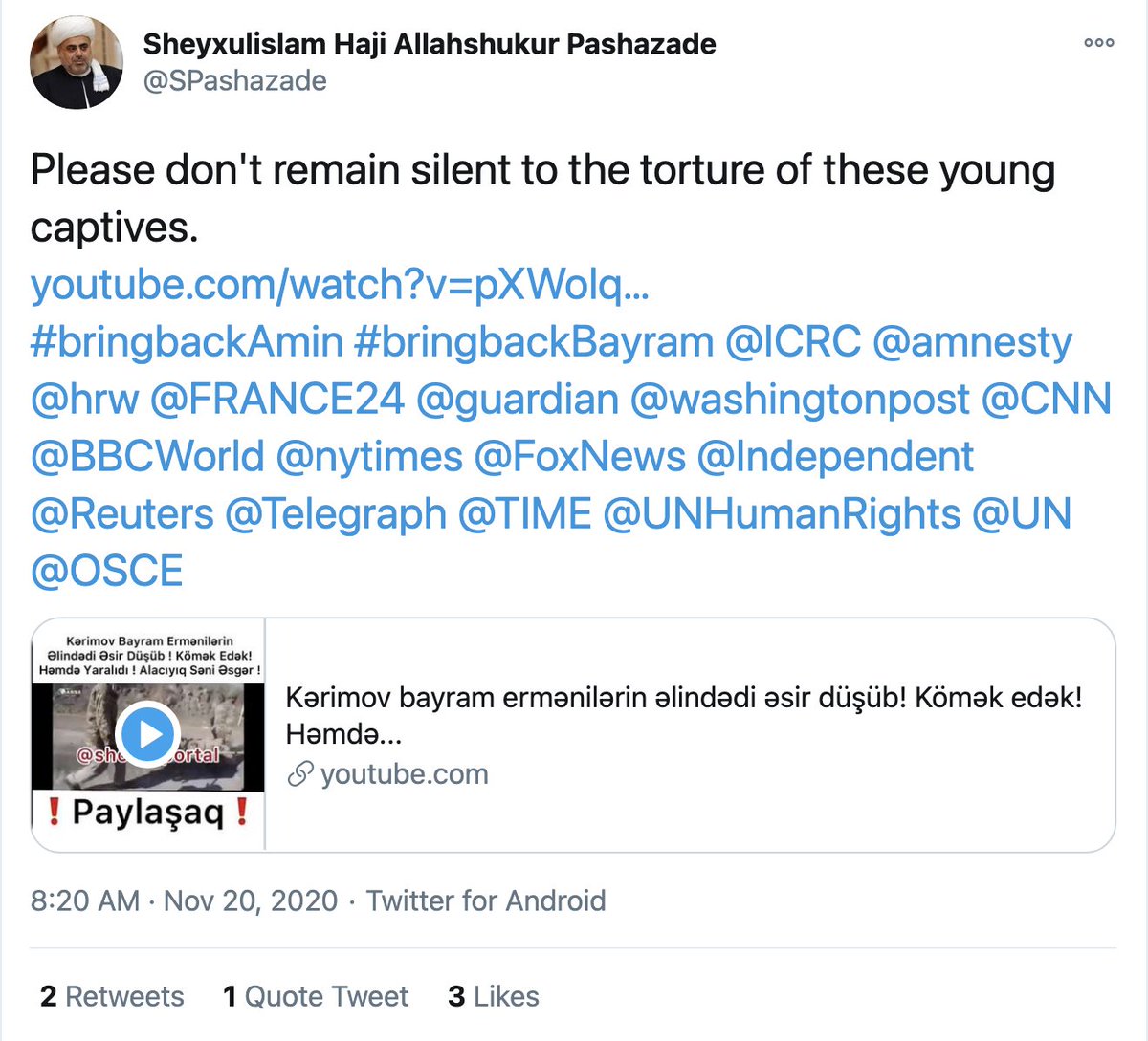 DrArtyomTonoyan's tweet photo. Azerbaijan's highest spiritual authority circulating video of Armenians rendering first aid to and comforting a captive Azeri soldier near Shushi as an example of torture. Dear God! Everything up is down. And everything down is up. https://t.co/m1pbuUUDFv