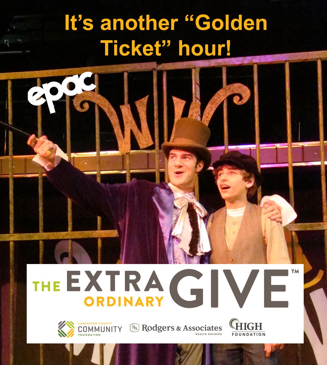 EPAC_theater's tweet photo. We're leaving one "Golden Ticket" hour and going right into another one in the #ExtraGive. Donations from 10-11 am put EPAC in a drawing for a possible extra $500! Please consider donating to @EPAC_theater today 11/20.
IGiveExtra #EpacExtra #EpacTheater https://t.co/GsBQx4P9YH https://t.co/xIGFxHPHtB