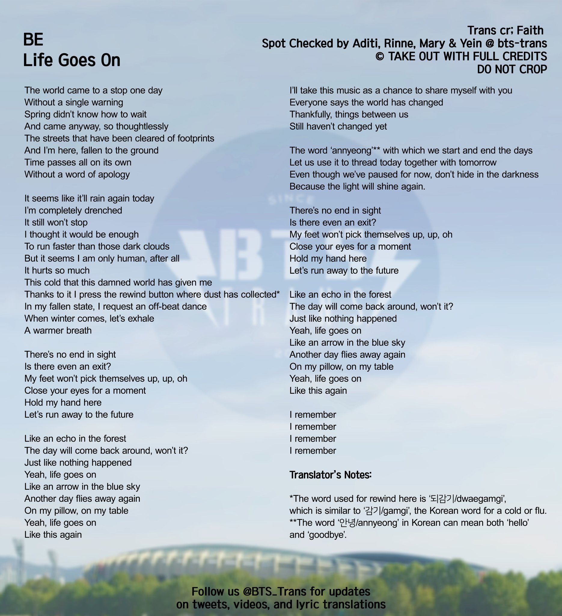 Bts Translations Bangtansubs Kor Eng Lyrics Life Goes On Bts Twt Bts 방탄소년단 Bts Be Lifegoeson Lifegoesonwithbts Rememberlifegoeson Newerabegins T Co Phwouijnks T Co Y0djpoio6l