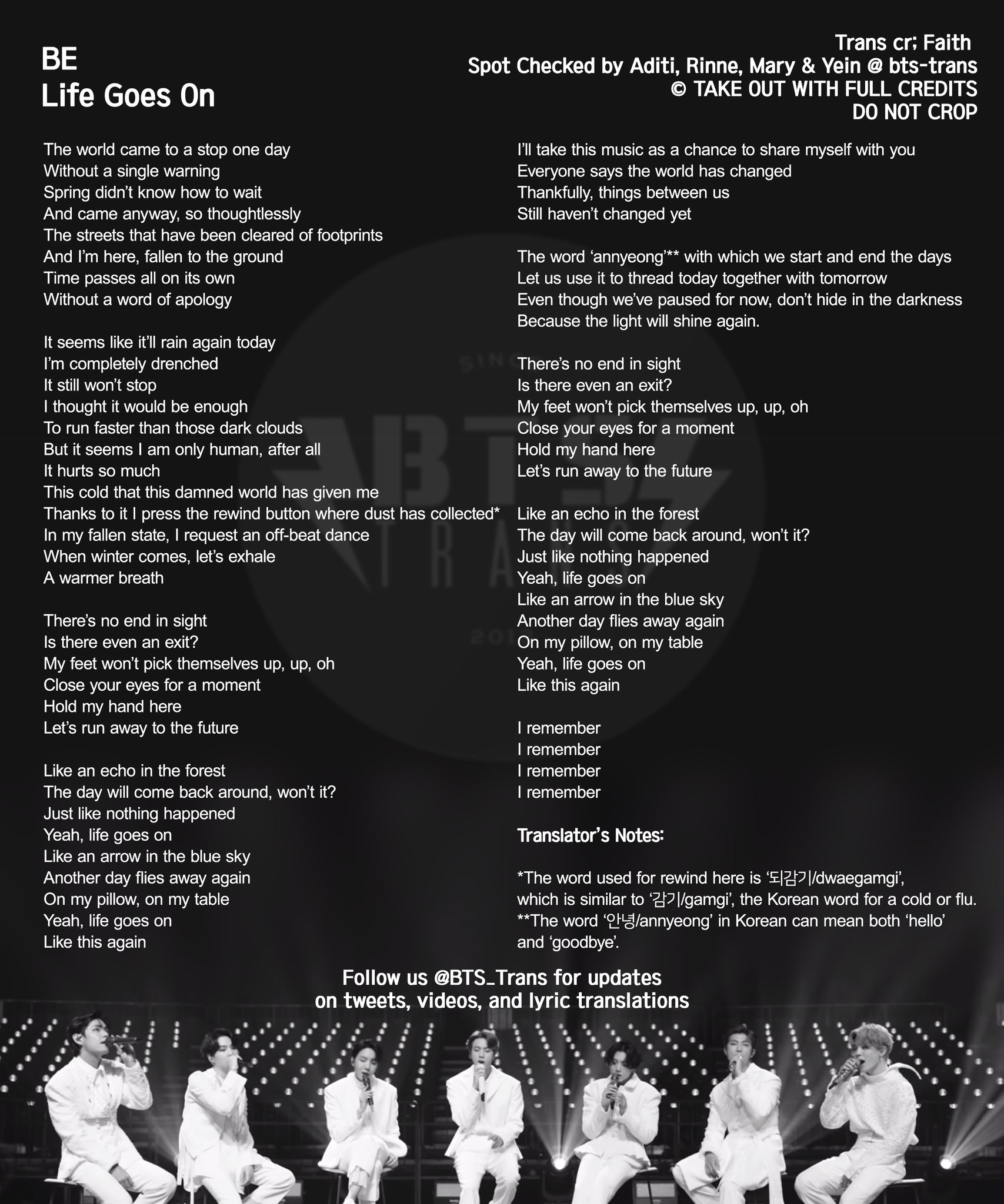 Bts Translations Bangtansubs Kor Eng Lyrics Life Goes On Bts Twt Bts 방탄소년단 Bts Be Lifegoeson Lifegoesonwithbts Rememberlifegoeson Newerabegins T Co Phwouijnks T Co Y0djpoio6l