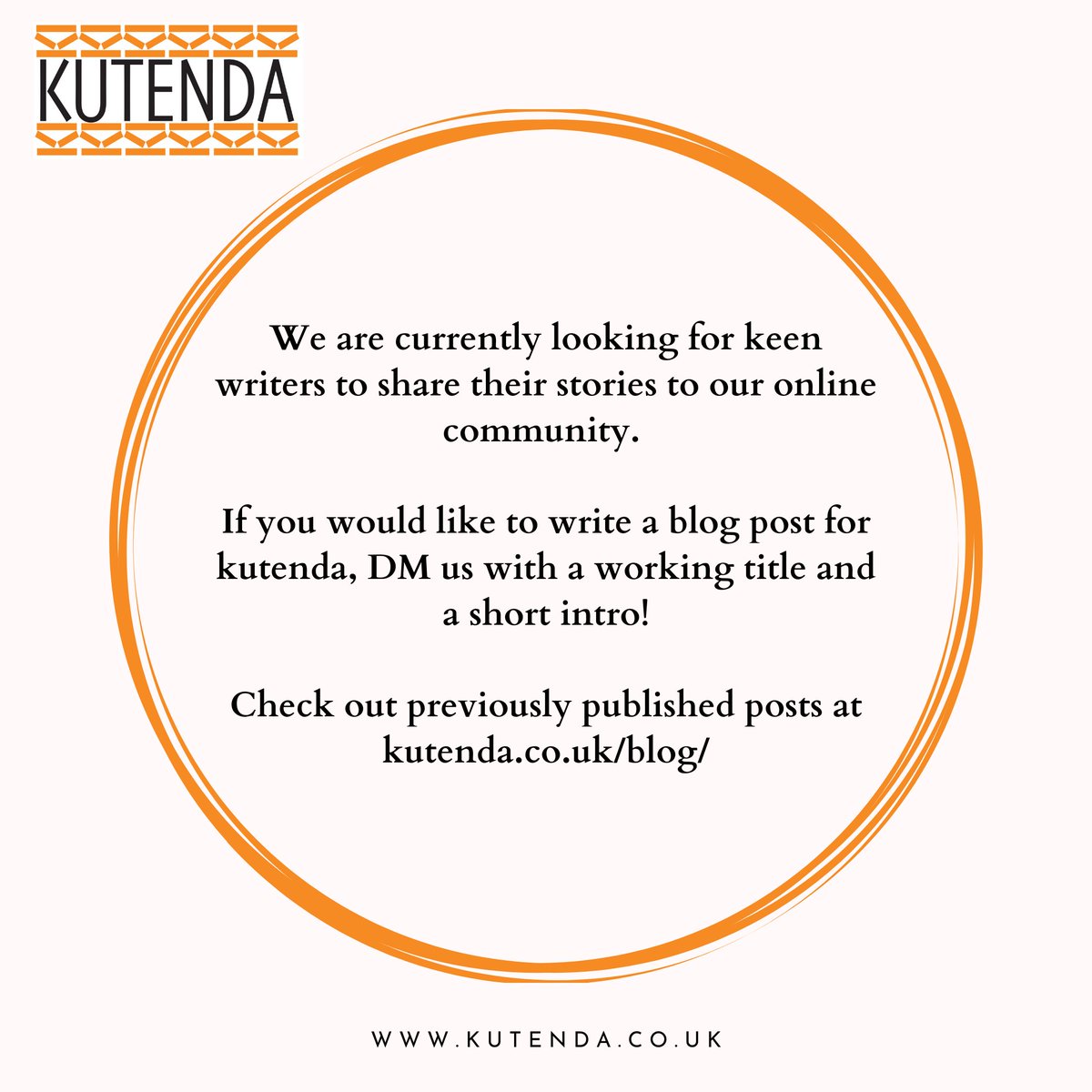 kutendai's tweet photo. Kutenda is looking for those interested in an unpaid opportunity to write a post for the online blog. 

If this is you, please DM us with a working title and a short introduction to your post and we will then get in touch🧡

Happy blogging!! 

#kutenda #kutendamarketplace #blog https://t.co/XwmiBmD4FB