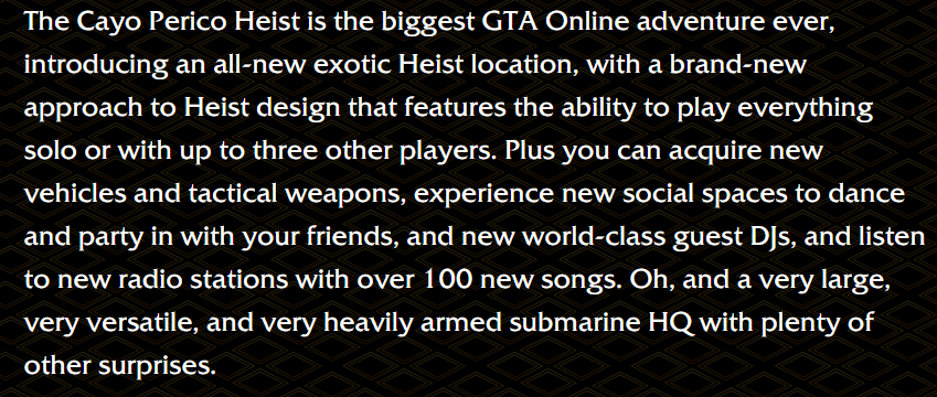 TexFunz2's tweet photo. 🔹Solo-able Heist

🔹New vehicles, new tactical weapons, new social spaces with new world-class guest DJs and new radio stations with over 100 new songs

🔹A very large, very versatile, and very heavily armed submarine HQ

Coming December 15th
#GTAOnline https://t.co/t8EVEPFESi