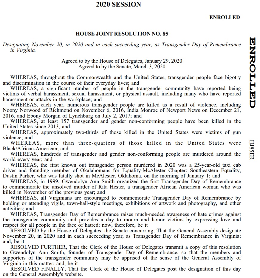 For the first time today, Virginia officially recognizes Nov. 20 as Transgender Day of Remembrance. #TDOR memorializes trans people killed around the world, including Noony Norwood of RVA (11/6/16), India Monroe of Newport News (12/21/16) and Ebony Morgan of Lynchburg (7/2/17).