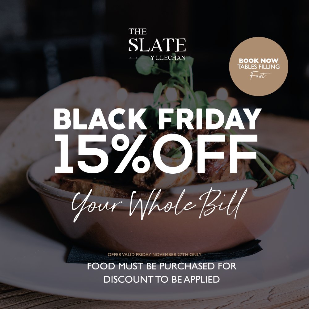 On Friday next week we're giving you 15% off your whole bill!

You need to make sure you have food to ensure the discount is given but make sure you book your table now, these spots will fill up fast.

01248 355500
The Slate, Tal-y-bont, Bangor, LL57 3UR
bit.ly/2PnF5qU