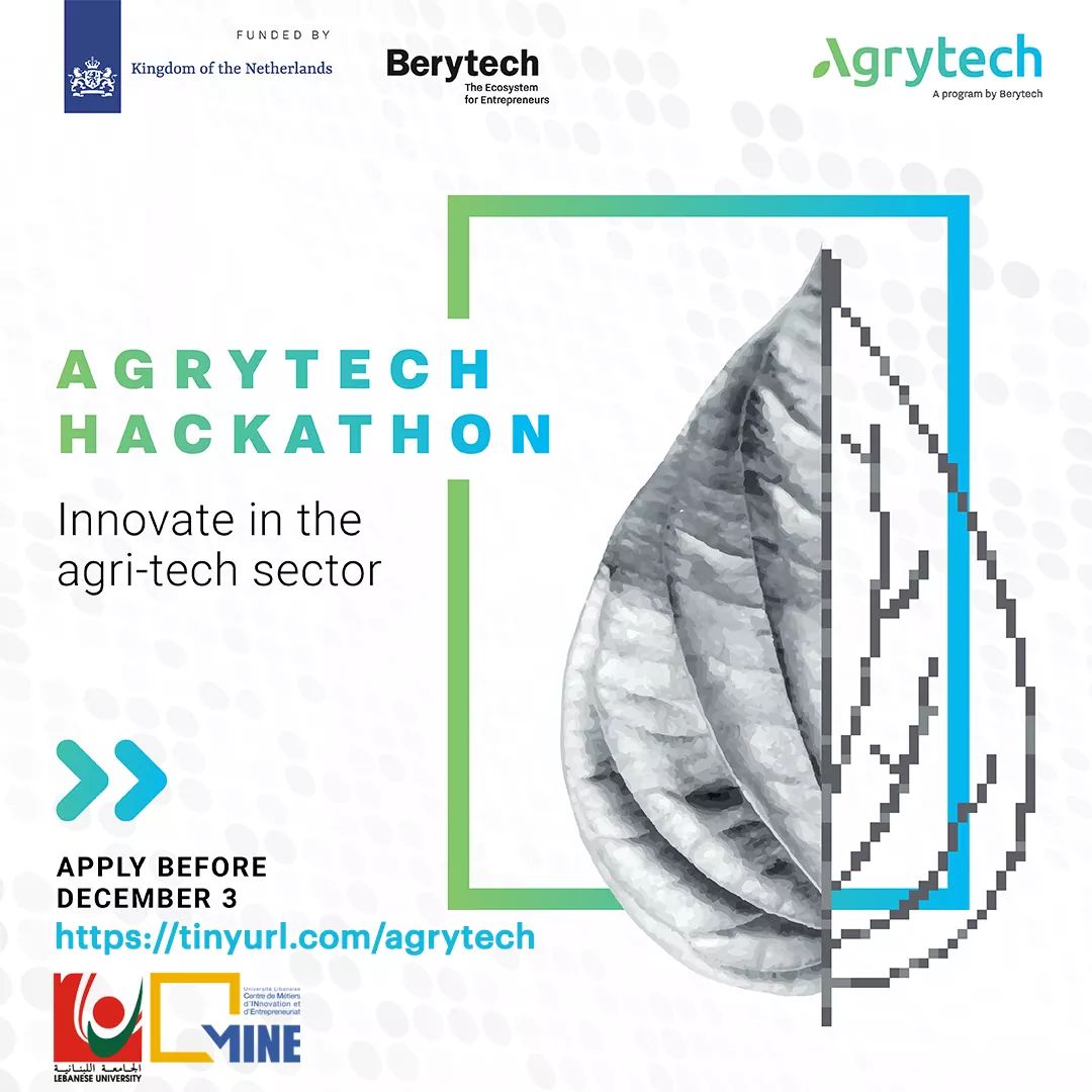 centremine's tweet photo. We are happy to announce that Berytech is organizing its annual #AgrytechHackathon! Learn, validate, hack and pitch your #agrifood business idea in 15days.
#Centremine 
#Lebaneseuniversity https://t.co/lpVZ25JF19
