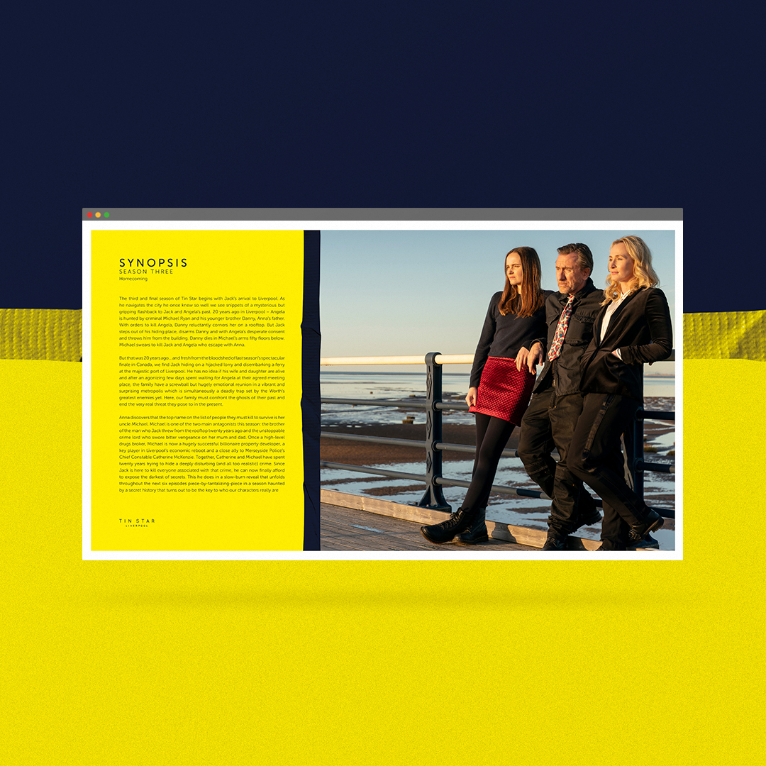 jard_design's tweet photo. A few examples of our Press Pack design for #TinStarLiverpool . Working alongside @Premier_Telly we created a representative Press Pack design featuring episodes synopsis’ character introductions and interviews @skyatlantic @NOWTV https://t.co/JatNqvxVAB