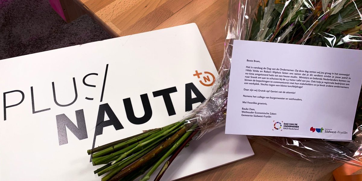 Gemeente Súdwest-Fryslân is GRUTSK op PlusNauta! 
Vandaag, op de Dag van de Ondernemer, is Bram in het zonnetje gezet door wethouder Bauke Dam! 
#dagvandeondernemer #PlusNauta #brengtsamenverder #digitalemeeting