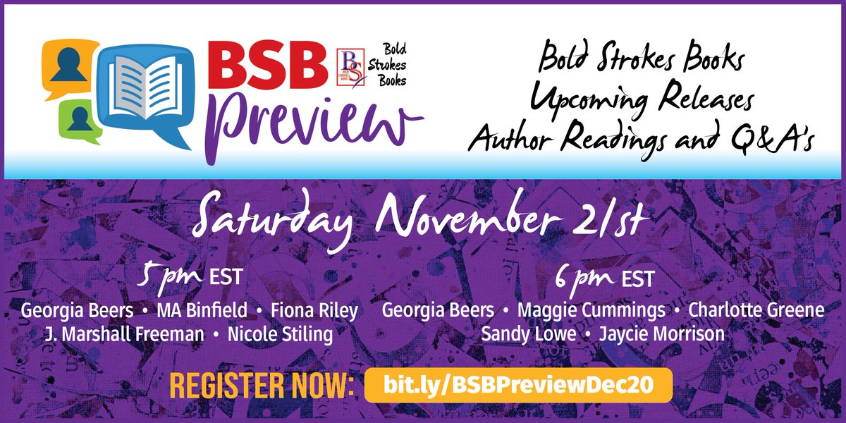 boldstrokebooks's tweet photo. SIGN UP NOW! Sneak peeks at our December releases.
Tomorrow * 21 Nov * 5pm and 6pm EST
#BSBPreview #LGBTQ #GayYA
https://t.co/cpDd20dp3L https://t.co/akUKhJ86oJ