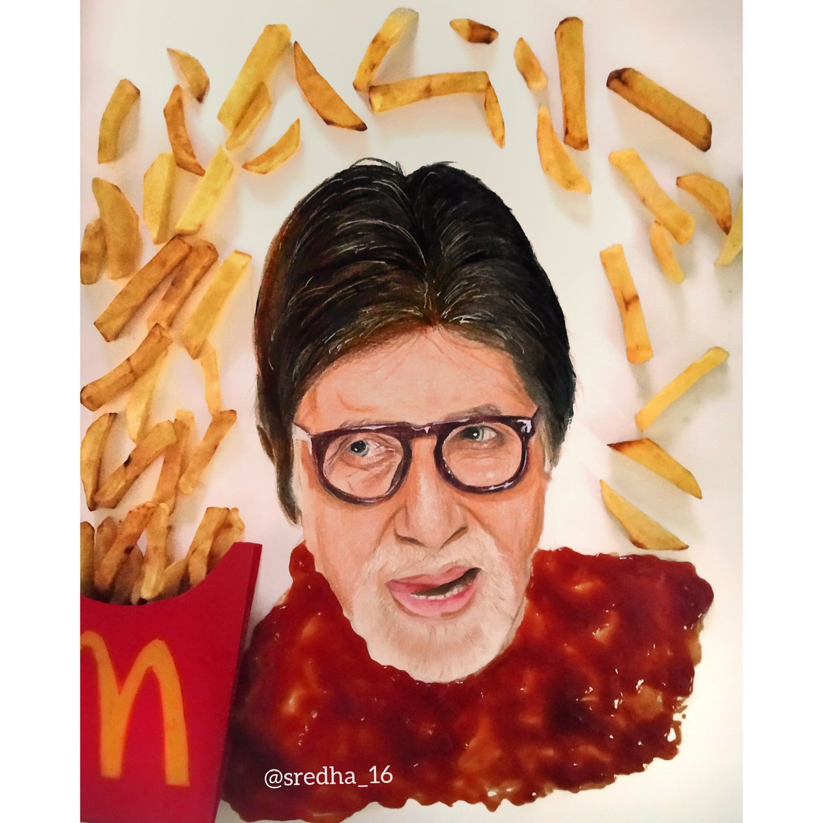 SwetaLoveAB's tweet photo. Portrait of legendary @SrBachchan Sir♥

French fries and tomato sauce seemed like a good idea 😋🍟🍔, please have look sir ,Hope you like it Sir 😊🙏
Made by fan @sredha_16

#fanart https://t.co/UVsrtKzV6B