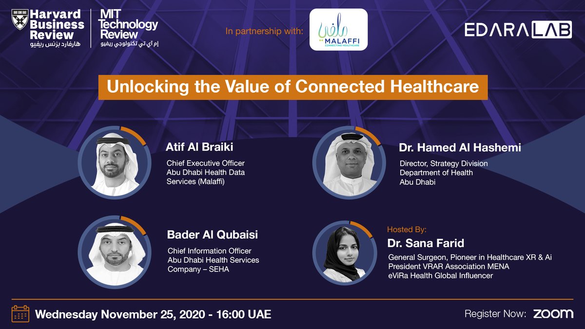 “Unlocking the Value of Connected Healthcare”
I'm hosting this webinar w/ <a href="/hbrarabia/">هارفارد بزنس ريفيو</a> <a href="/TechReviewAR/">إم آي تي تكنولوجي ريفيو</a>

Save your spot: bit.ly/2IxUrsC

<a href="/DoHSocial/">دائرة الصحة - أبوظبي</a> <a href="/SEHAHealth/">SEHA -  شركة صحة</a> <a href="/malaffi/">Malaffi</a> <a href="/HamoudAlmahmoud/">Dr. Hamoud Almahmoud</a> <a href="/MunfaridConsult/">#XR #MedEd #DigitalHealth @Arab_Health</a> <a href="/eViRaHealth/">B2B HealthTech Experts</a> #DigitalHealth #HealthTech #Healthcare #Health #coronavirus