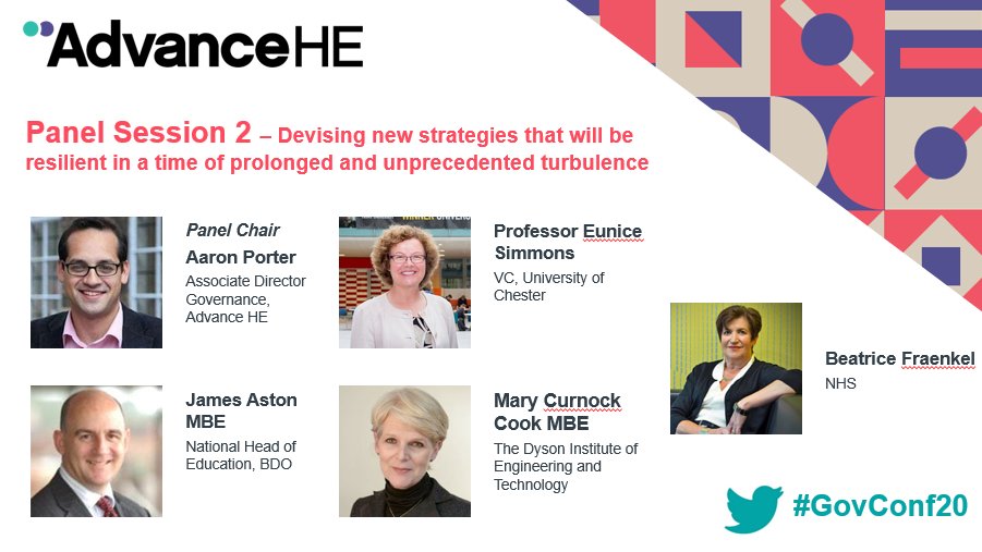 AdvanceHE's tweet photo. Our final panel, led by @AaronPorter and joined by @VC_UoChester, James Aston MBE, BDO, @MaryCurnockCook, @dyson_institute, and @BFraenkel, NHS, explores the importance of strategic risks when developing resilient strategies in a time of turbulence #IntegratedThinking #GovConf20 https://t.co/NMt0aHlosm