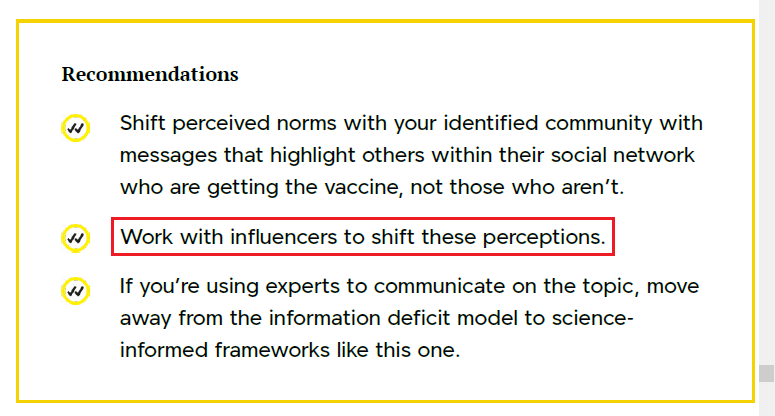 "Work with  #influencers to shift these perceptions."[p. 37]We are reading from the "Guide to COVID-19 Vaccine Communications." Source:  https://act.shareverified.com/go/7082?t=6&akid=198%2E9687%2EbN5LTs