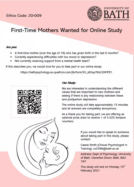 🔔1st time mums wanted for short online study🔔

Help us understand how our values can impact on mood by taking part in our study:
bathpsychology.eu.qualtrics.com/jfe/form/SV_eD…  

@BathPsychology
#maternalmentalhealth #maternalmhmatters #pnd #pndchat #participantswanted
#depression #AcademicTwitter