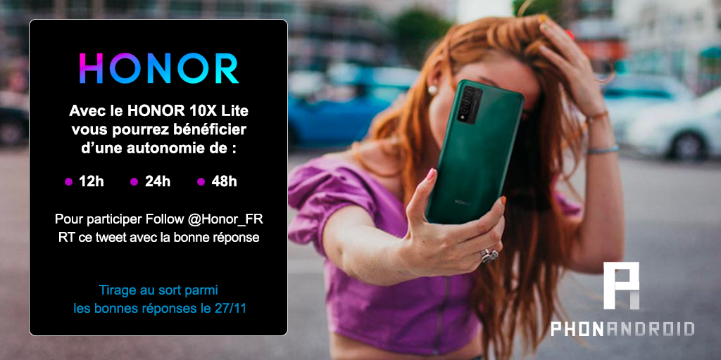phonandroid's tweet image. #Concours

Tentez de gagner le nouveau #HONOR10XLite !

Pour participer :
Follow @Honor_FR
&amp;amp;
RT ce tweet avec la bonne réponse

Avec le #HONOR10XLite vous pourrez bénéficier d’une autonomie de :
- 12h
- 24h
- 48h

TAS le 27/11 parmi les bonnes réponses ! Bonne chance 😊