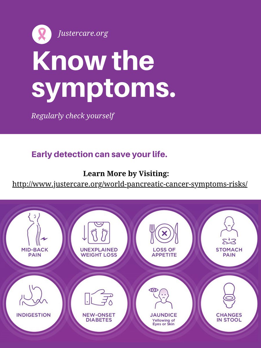 JusterCare's tweet photo. We are continually raising awareness about pancreatic cancer. It’s about time you knew the symptoms &amp; risks. 
It’s important to remember that symptoms can be caused by more common things. https://t.co/ELNzCUYIaf