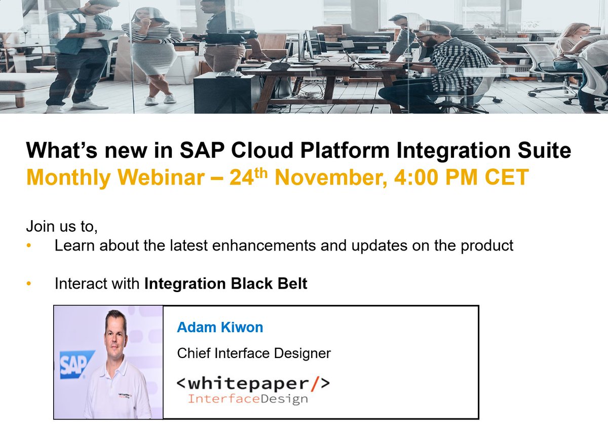 Inviting you all to our November edition of the monthly webinar on #SAPCloudPlatform #Integration #Suite and as usual we have a special guest <a href="/adamkiwon/">Adam Kiwon</a> this time talking about #Integration #Excellence and sharing his experience with #Integration #Suite!!