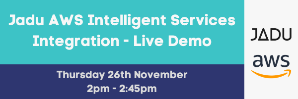 jadu's tweet photo. Come along to our #webinar, 'Jadu AWS Intelligent Services Integration' on 26th November at 2pm GMT, where we will:

- Give an integration overview of the Amazon Lex chatbot
- Showcase a live demo of how it works
- Give examples of use cases
- Live Q&amp;A

https://t.co/G71S1VrEPI https://t.co/842qsLGbIN