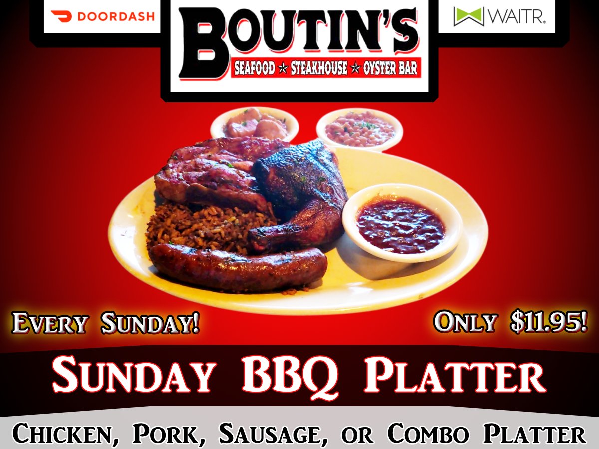 Sunday BBQ Platters at Boutin's Seafood Steakhouse Oyster Bar $11.95! Serving until sold out! Dine-in/Curbside/Delivery  114 Derek Plaza Dr Suite D Carencro LA (337) 886-6888  OPEN 7 Days A Week  #BBQ #eatlafayette