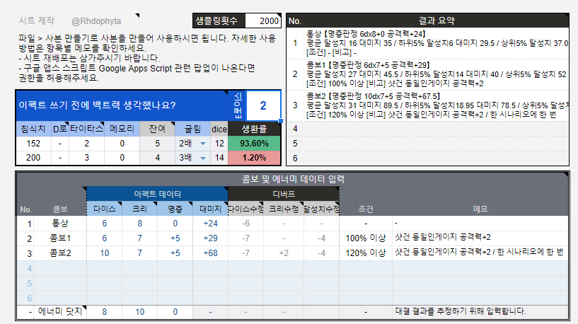 DX3 더블크로스 다이스 기댓값 계산기v.1 배포합니다~ 오버드 빌딩할 때 유용해요! - 콤보 다이스 입력시 달성치, 대미지 기댓값 계산 - 에너미 데이터...