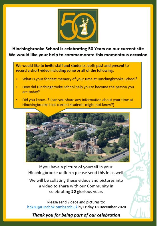 HBK_School's tweet photo. Calling all Hinchingbrooke staff and student alumni - we need your help in celebrating 50 glorious years! #HBKCommunity #HBK50 https://t.co/eR4ylqWGFe