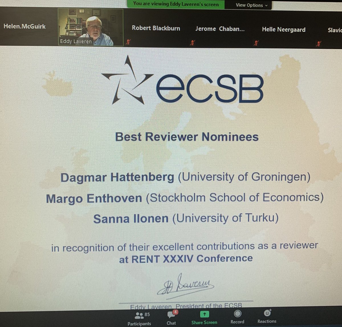 HincksCentre's tweet photo. Virtual cheers and clapping across Europe at the @ECSB1 #RENTvirtual  AGM, well done to award winners . @UllaHytti @bredaks  THANK YOU for a great conference. https://t.co/ALXagyp8p2