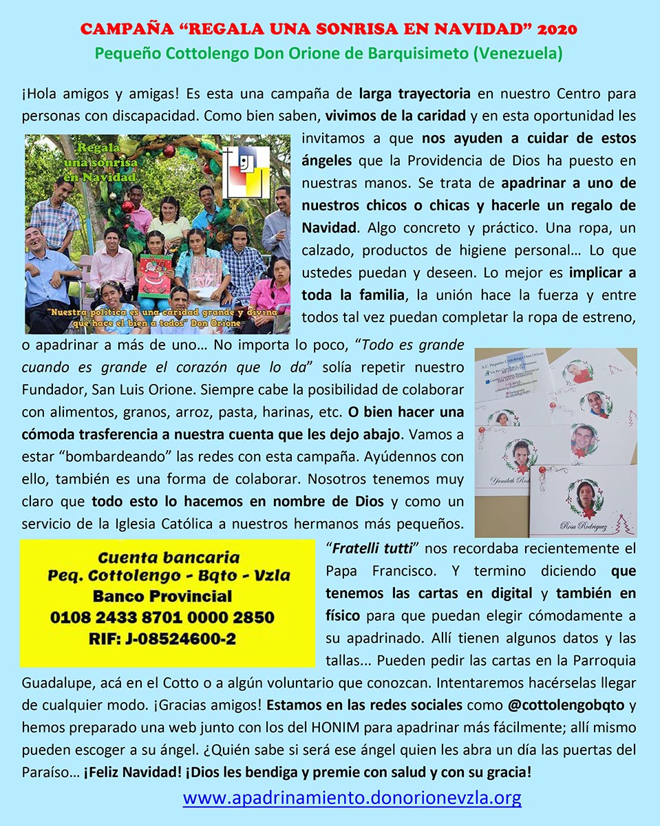 Queridos amigos hoy 20 de noviembre de 2020 arrancamos con la campaña REGALA UNA SONRISA EN NAVIDAD. Ahí les dejamos un texto con los motivos y los objetivos de la misma. Dios les bendiga y ayúdennos difundiendo la campaña. Gracias.