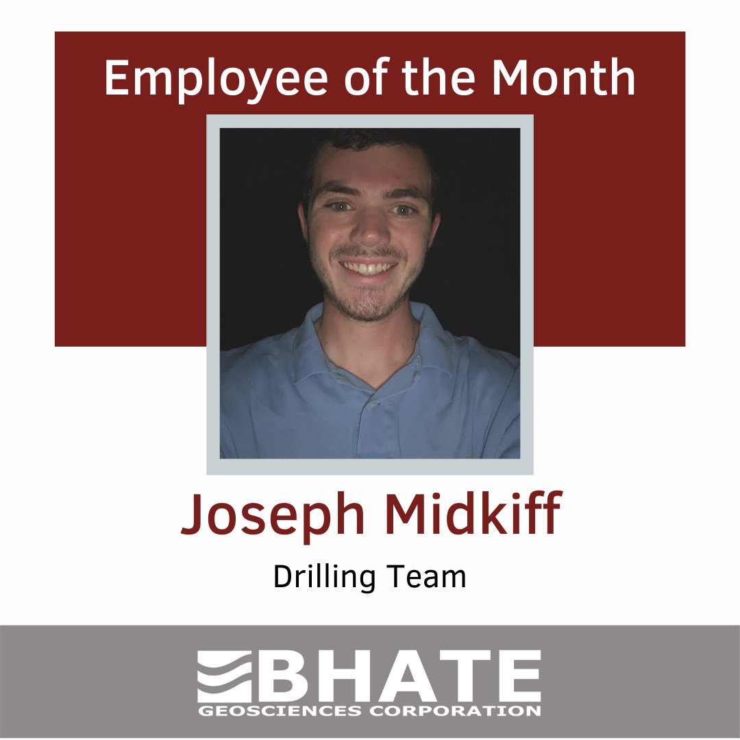 BhateGeo's tweet photo. Our Employee of the Month is Joseph Midkiff! Joseph joined BHATE's Drilling team in 2017. He was nominated for his dedication to achieving success during the drilling of monitoring wells on a dam project. Joe worked tirelessly during a long week without complaints. Thank you Joe! https://t.co/4srQuWFjcx