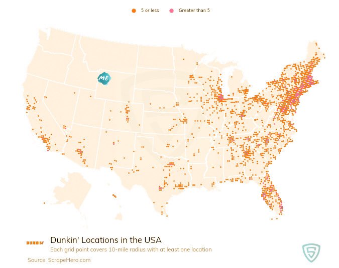 Eswizzle73's tweet photo. Looking for another concerning map?  Here is a map of all the Dunkin’ locations vs where I am this winter: https://t.co/Kg2Q1LoIn5