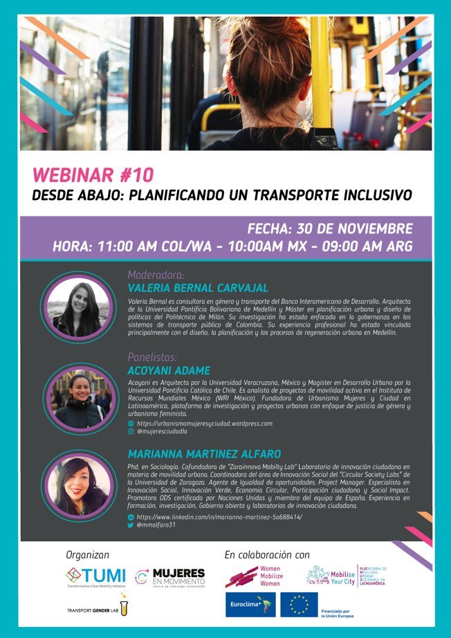 Invitadas al #10 webinar de #WiM y <a href="/TranspGenderLab/">TransportGenderLab</a> “Desde abajo: planificando un transporte inclusivo”, con #AcoyaniAdame de <a href="/mujeresciudadla/">Urbanismo Mujeres y Ciudad en Latinoamérica</a> y <a href="/mmalfaro31/">Marianna Martinez Alfaro</a> de <a href="/ZAZMobilityLab/">Zarainnova Mobility Lab</a>. Modera <a href="/Va_leria_B/">Valeria Bernal</a>  Aquí 👉🏼 bit.ly/3fg1VN2 el registro. ¡No se lo pierdan! #WomenMobilize