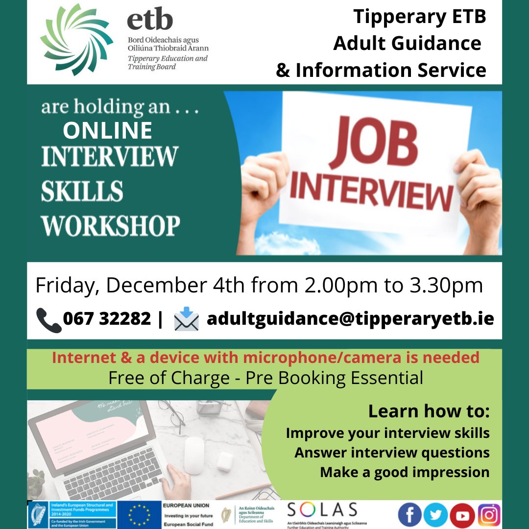 fet_nenagh's tweet photo. Register today for the next #InterviewSkills #Workshop with the @TipperaryETB #AdultGuidance & #InformationService email adultguidance@tipperaryetb.ie
This is an #online workshop so a device with internet, camera and microphone is required. https://t.co/sRqhtInvzR