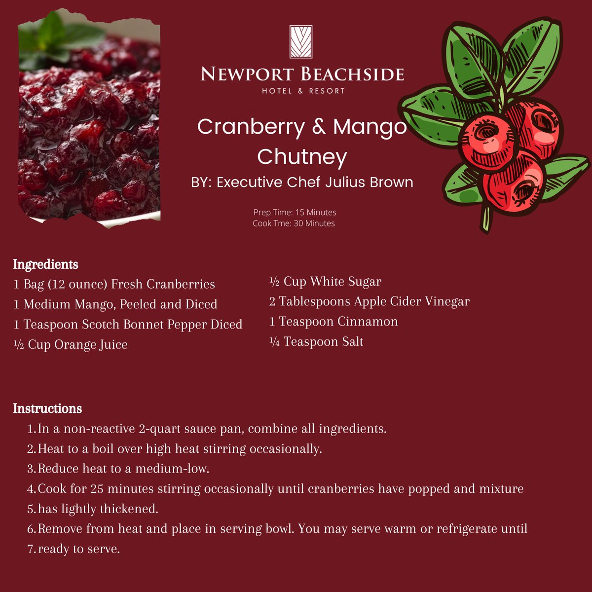 NewportBSR's tweet photo. Being in South Florida regular Cranberry Sauce just won’t do. Chef Julius Brown channeled his Caribbean style and curated this delicious Cranberry Mango Chutney. If you don’t like it spicy you can always take out the pepper.
#thanksgiving #thankful #mynewportview #kitchen305 https://t.co/CSqJogcxh0