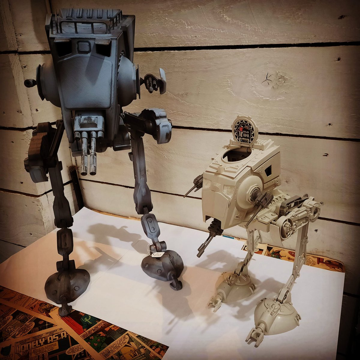 MartsCuriosity's tweet photo. How about an AT-ST walker for your collection? The larger one is an outstanding model by a local artisan and the right one is an original 1982 toy #starwars #collectibles #atstwalker #armour #firepower #christmasgifts @CamborneTown #shoplocal #freelocaldelivery #SmallBusiness https://t.co/aIzhvNxhrz