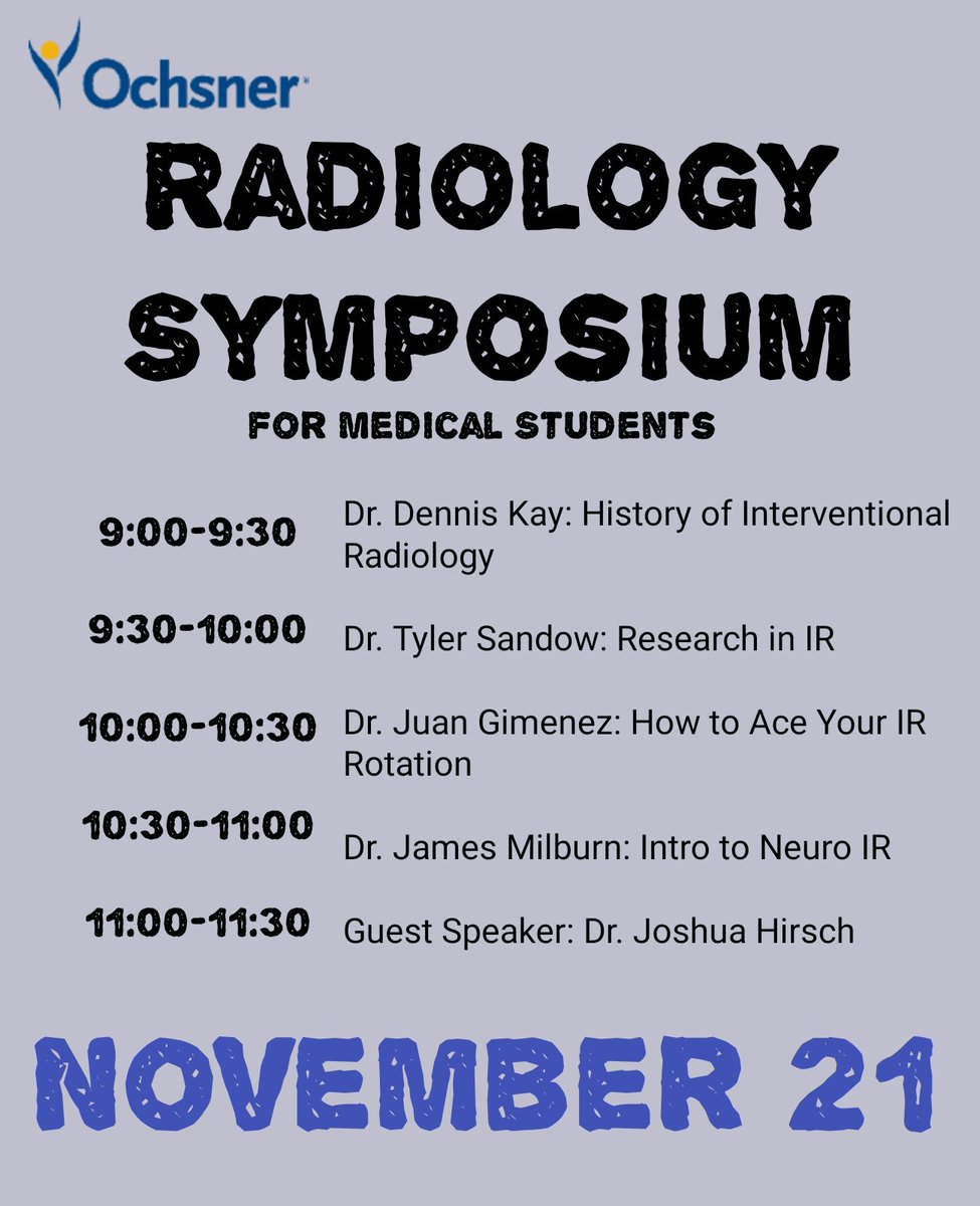 The schedule for tomorrow is all set. Medical students, join us for unique and exclusive info about the exciting field of radiology! <a href="/MedicalOchsner/">Ochsner Medical Student Association</a>
#MedTwitter #radiology <a href="/futureradres/">Future Radiology Residents</a> <a href="/RadiologyACR/">American College of Radiology</a> #MedStudentTwitter 
Register for the event now: ochsner.zoom.us/meeting/regist…