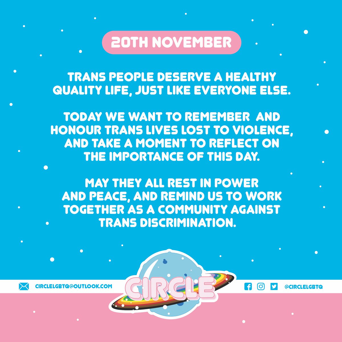 circleLGBTQ's tweet photo. #TransDayofRememberance #TransAwarenessWeek  💙🤍💗 https://t.co/h14ooMloQP