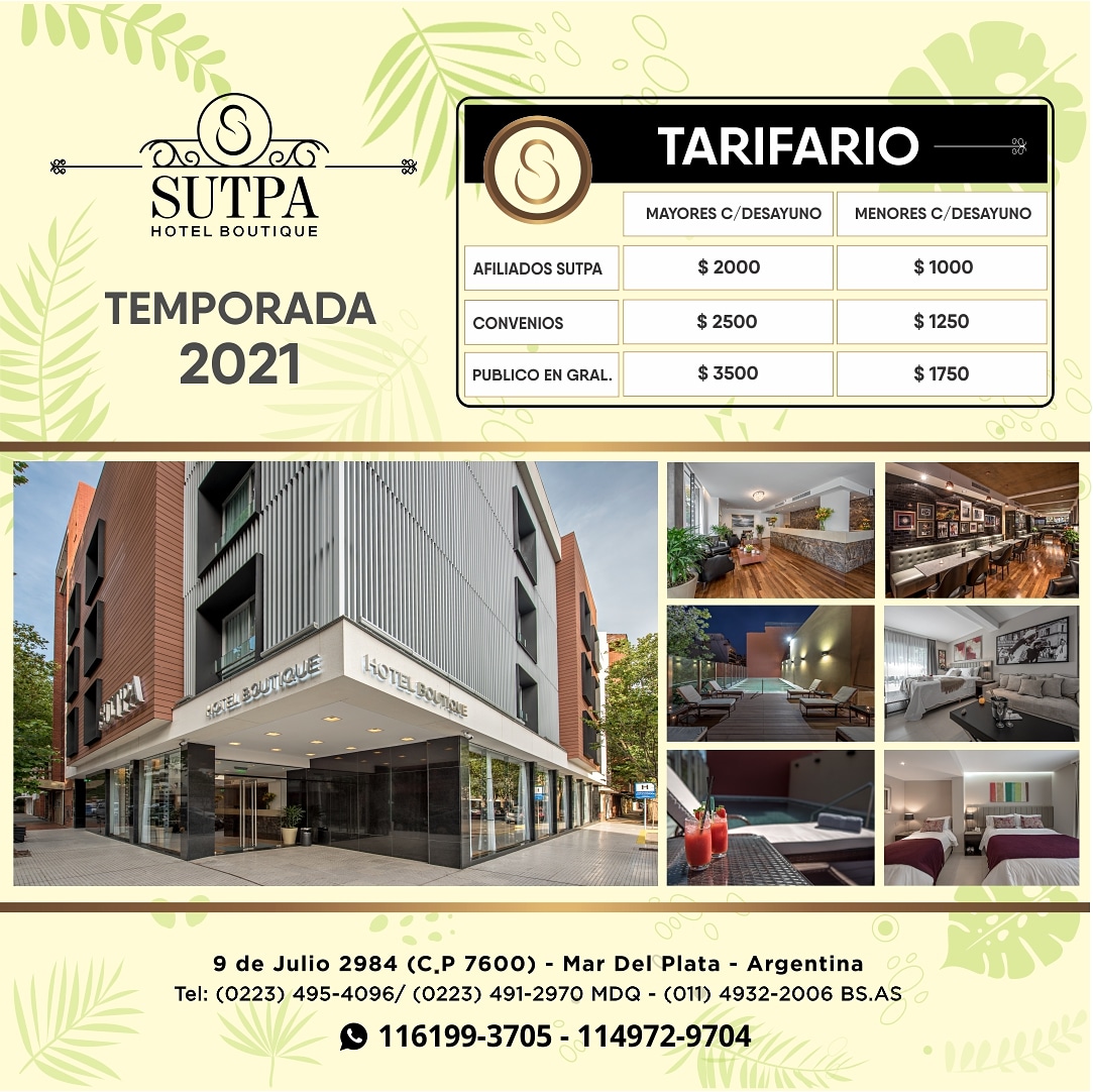 sutpapeajes's tweet photo. Una excelente noticia para todos nuestros afiliados: el Hotel Boutique SUTPA de Mar del Plata reabre sus puertas esta temporada !! Con todos los protocolos para cuidarte a vos y los tuyos. Además, estamos adheridos al programa Previaje del Ministerio de Turismo. Informate !! ☺️ https://t.co/CfH1k2tfEB