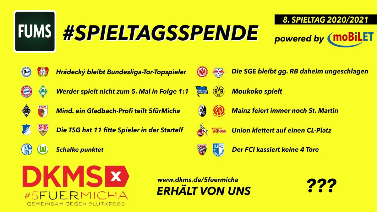 .<a href="/borussia/">Borussia</a>- und <a href="/fums_magazin/">FUMS</a>-Fan Micha hat Blutkrebs und braucht eure Hilfe. Dafür wurde die Aktion dkms.de/5fuermicha ins Leben gerufen. Ihr benötigt nur 5 Minuten, um euch bei der <a href="/DKMS_de/">DKMS Deutschland</a> zu registrieren.
#SPIELTAGSSPENDE 
(1/3)