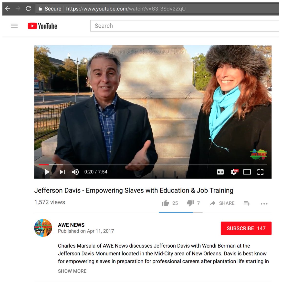 At various stops, Marsala links to his self-produced videos that include Lost Cause propaganda. At the former site of the Jefferson Davis monument he includes a video that claims Jefferson Davis was “empowering slaves with education and job training”. 
