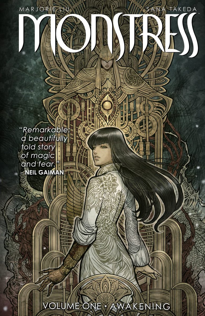 MONSTRESS (5 volumes - ongoing)by  @marjoriemliu and Sana Takeda Alternate history matriarchal 1900s Asia! Decopunk! Steampunk! Monsters! Cats, so many cats! Makes me want to cover my walls with its beautiful art!
